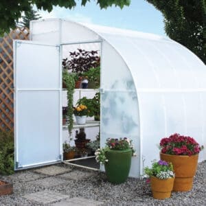 A greenhouse with plants and flowers in pots.